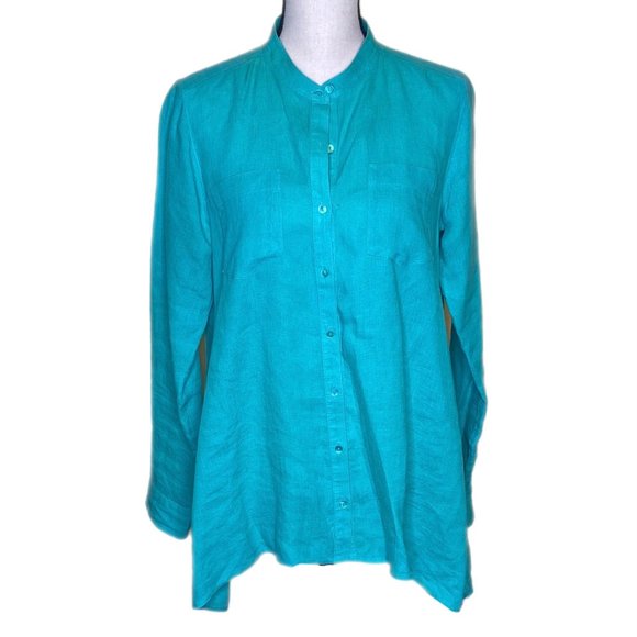 Eileen Fisher Tops - Eileen Fisher Long Sleeve Green Irish Linen Shirt Size XS